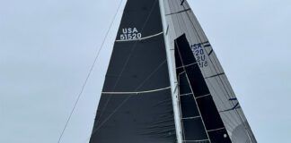 The smallest sail ahead of the mast is a stay sail , capturing the wind in the slot between the genoa and the main. Photo courtesy of Quantum Sails.