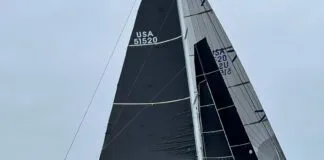 The smallest sail ahead of the mast is a stay sail , capturing the wind in the slot between the genoa and the main. Photo courtesy of Quantum Sails.
