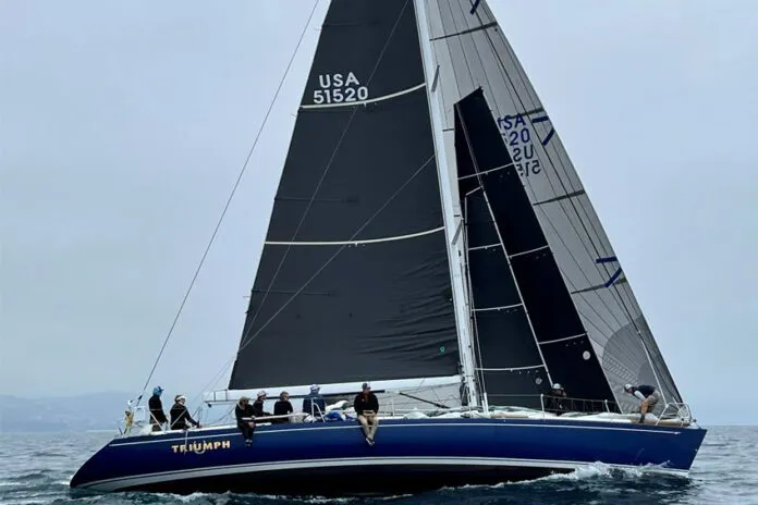 The smallest sail ahead of the mast is a stay sail , capturing the wind in the slot between the genoa and the main. Photo courtesy of Quantum Sails.
