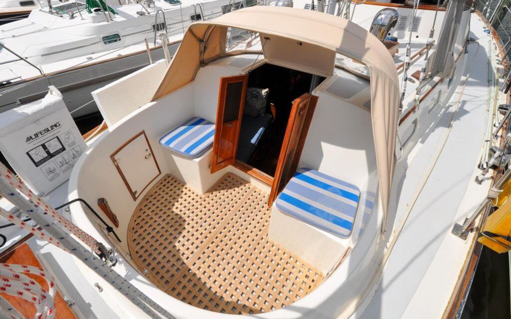 The Hinckley 49's standout feature is the two cockpits. These functional and beautiful outdoor spaces make full use of her length. Steering and all lines run to the center cockpit, while the aft cockpit opens from the owner's stateroom and is suited for relaxing when the weather is fine. Photo courtesy of Yacht World.