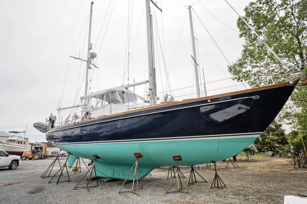 The Hinckley 49 has a skeg-protected rudder, which helps her directional stability. A 500-pound bronze centerboard can be lowered to increase the draft, which enhances upwind performance and stability. The keel is mounted outside of the fiberglass hull so it's easier to repair. Photo courtesy of Forbes Yachts. 