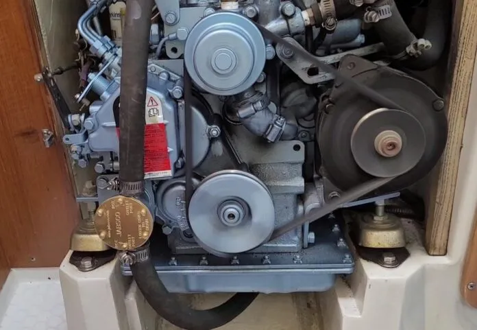 front engine mounts The engine mounts on my Perkins M20 diesel needed to be changed. Luckily, they are accessible so I was able to change them myself with a few basic tools and new parts. If your engine is less accessible, you'll need to ask a professional to change the mounts. (Photo/ Marc Robic)