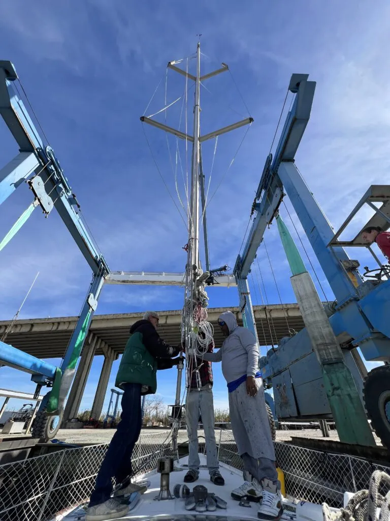 We put the mast back up in Mobile, AL at Turner Marine. We were excited to become a sailboat again! (Photo/ Alison Major)