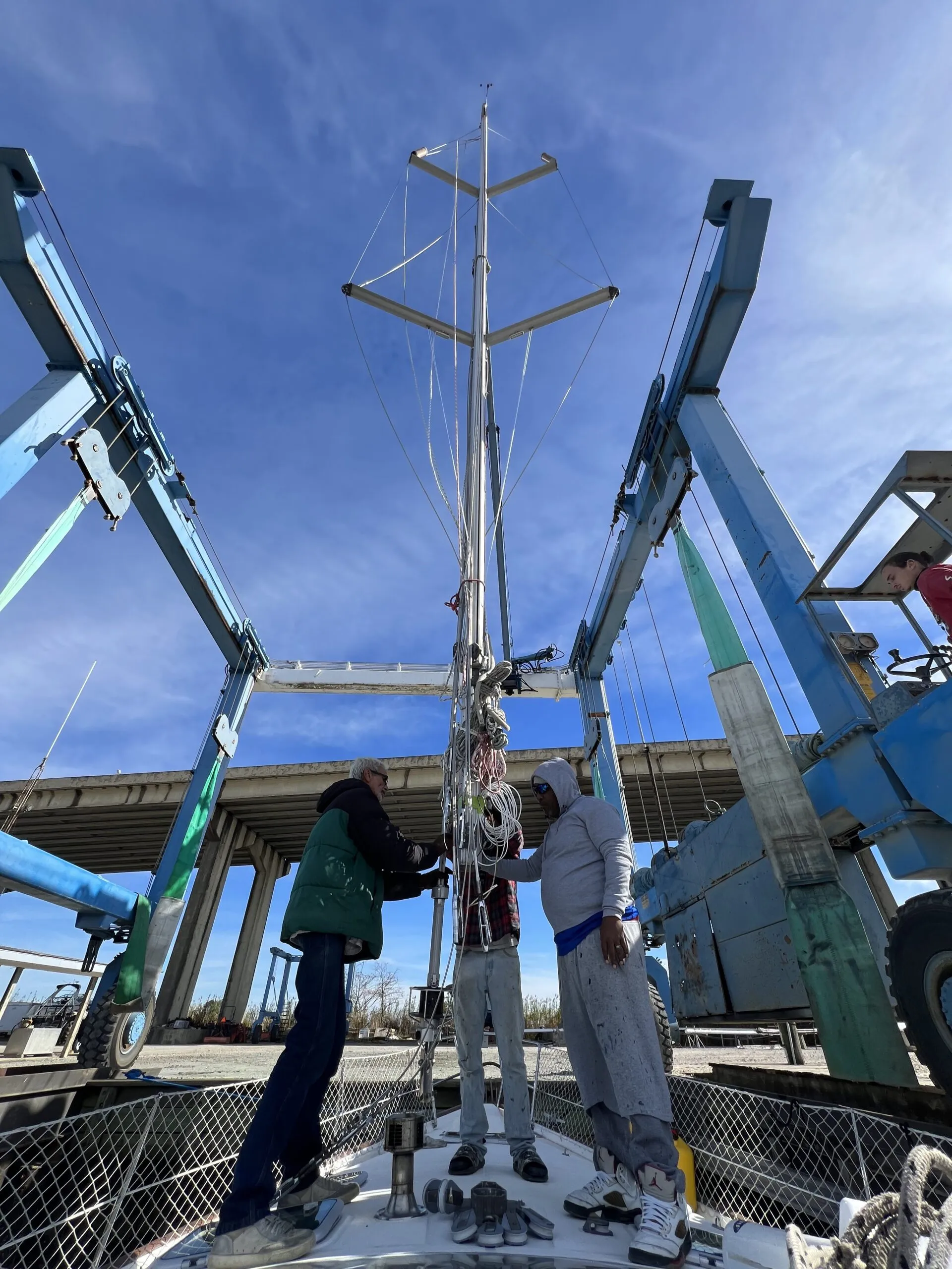 We put the mast back up in Mobile, AL at Turner Marine. We were excited to become a sailboat again! (Photo/ Alison Major)