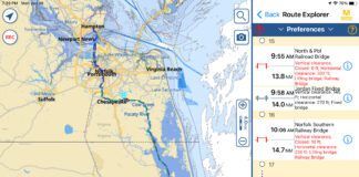 AquaMaps with Bob’s blue tracks and my green tracks at the start of the ICW with bridge arrival times. (Image/ Alex Jasper)
