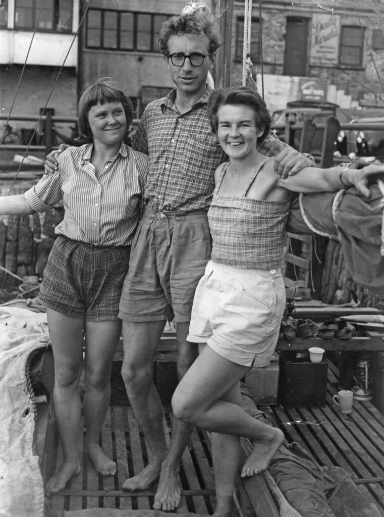 Jutta, James and Ruth moored on Tangaroa, Customs House Quay, Falmouth harbour, 1955. Courtesy Wharram Designs. 