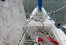 Polyester vs. Nylon Rode We like going one size over what is often recommended for smaller boats. The advantages are a.Less stretch. Nylon can be too stretchy, but polyester not stretchy enough. One size over can be a Goldilocks answer. b.Better wear resistance. Because we like using short chain when hand-hauling, we cover the first 10 feet with a webbing chafe guard. This is very cut resistant, because unlike the rope inside, it is floating and not under tension. c. Better grip. ⅜-in. is pretty hard to grab with the wind is up. ½-in. fits our hands better. (Photo/ Drew Frye)