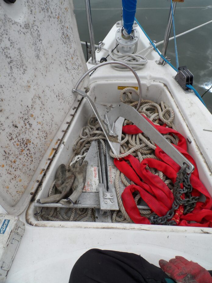 anchor rode We like going one size over what is often recommended for smaller boats. The advantages are a.Less stretch. Nylon can be too stretchy, but polyester not stretchy enough. One size over can be a Goldilocks answer. b.Better wear resistance. Because we like using short chain when hand-hauling, we cover the first 10 feet with a webbing chafe guard. This is very cut resistant, because unlike the rope inside, it is floating and not under tension. c. Better grip. ⅜-in. is pretty hard to grab with the wind is up. ½-in. fits our hands better. (Photo/ Drew Frye)
