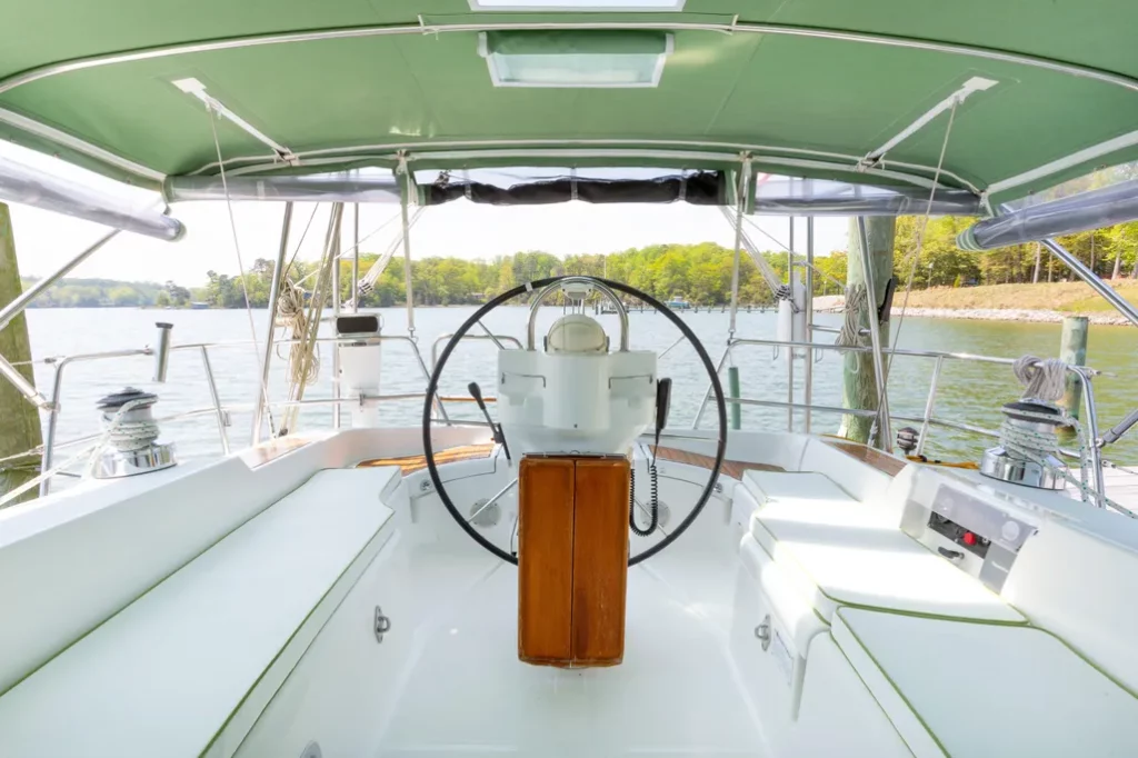 The cockpit in this 2003 Beneteau 393 offers plenty of room to enjoy coastal cruising locations. As the desingers intended, you will be "in touch with the sea." Photo courtesy of YachtWorld.com.