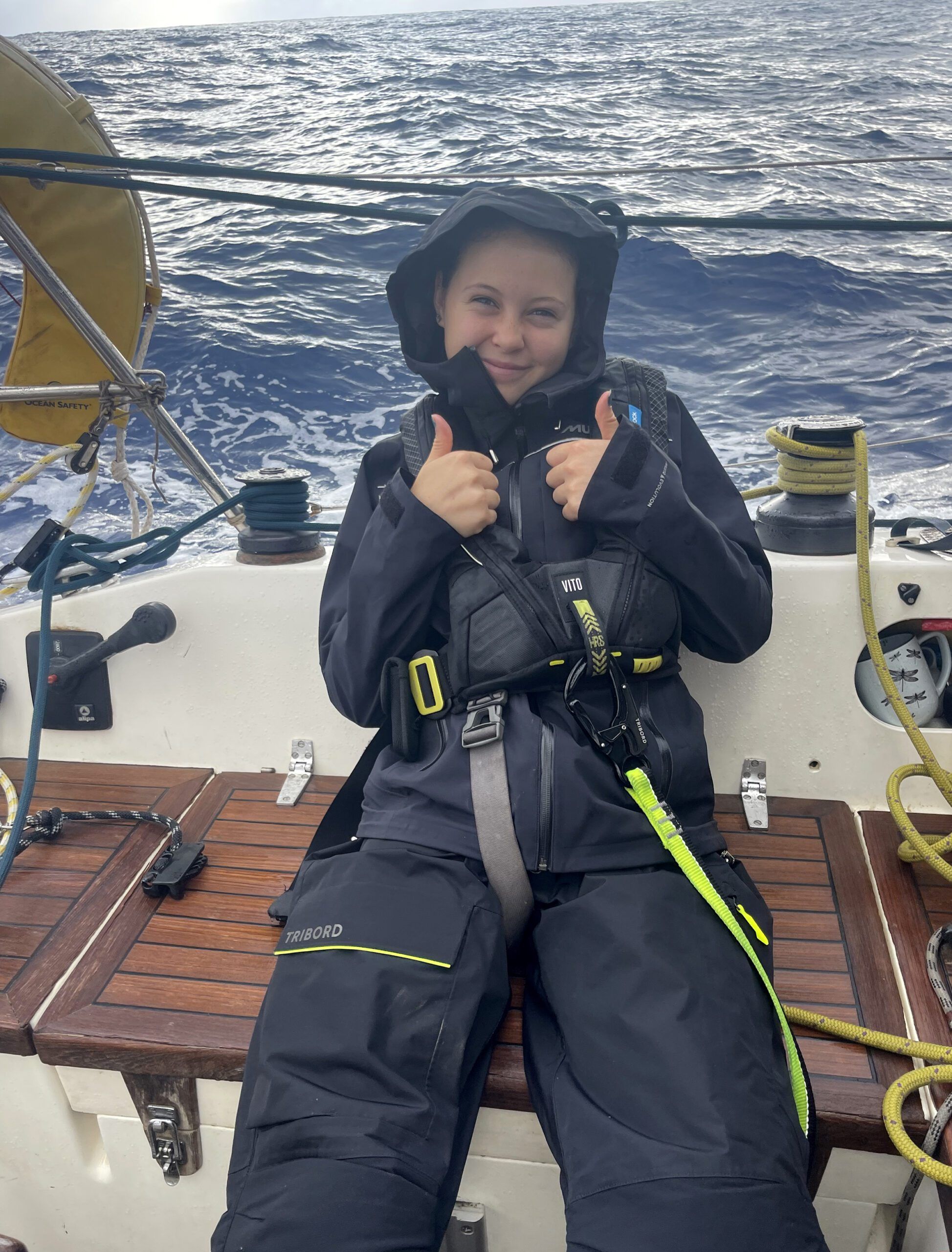 Reija geared up for wet and rough weather on the Atlantic crossing. (Photo/ Leszek Wolnik)