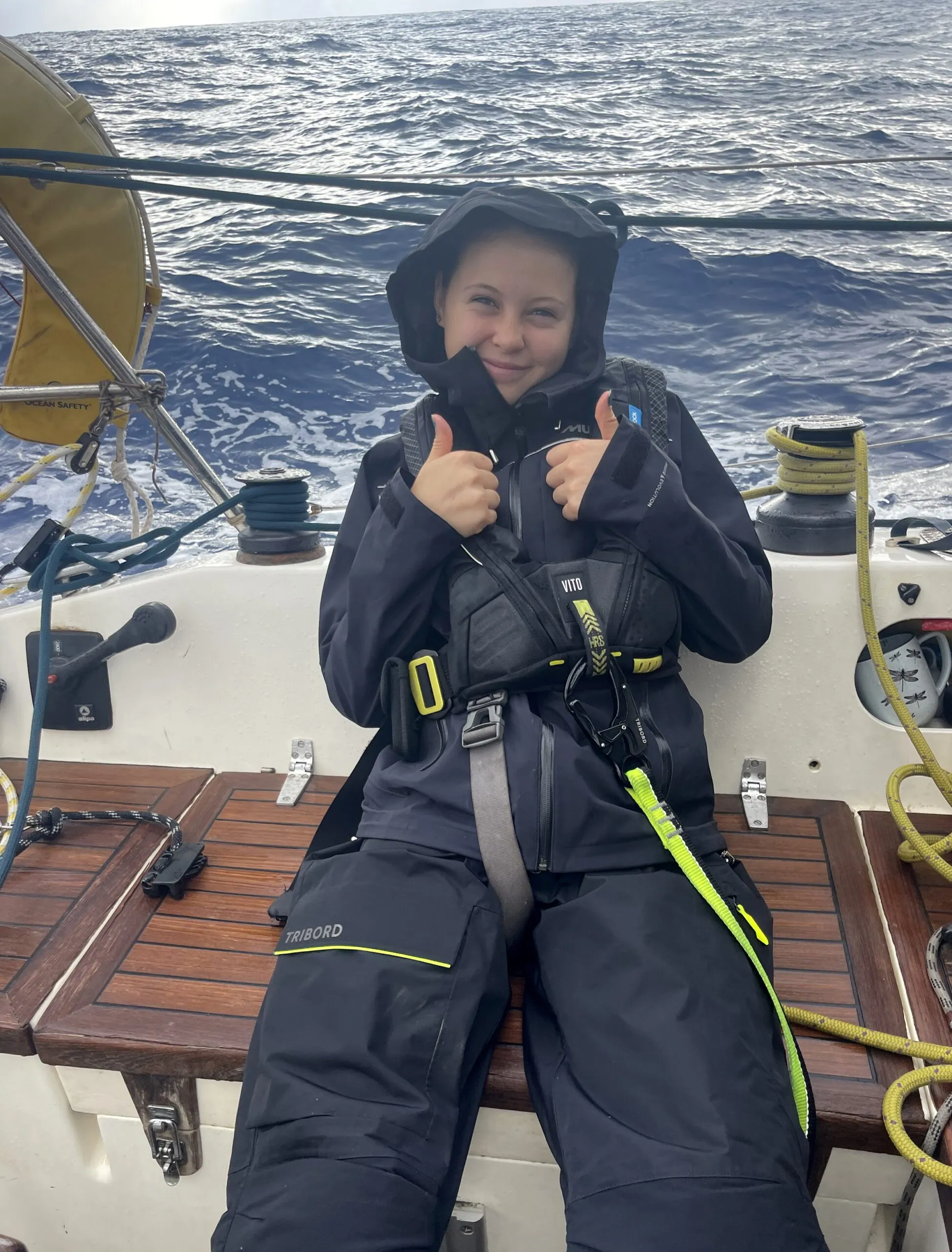 Reija geared up for wet and rough weather on the Atlantic crossing. (Photo/ Leszek Wolnik)
