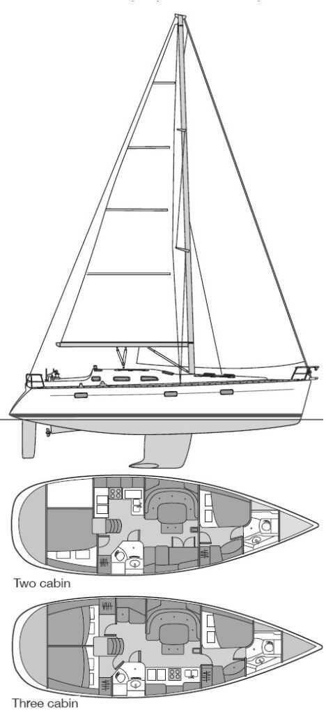 Beneteau 393 design, including the two-cabin and three-cabin layouts. Image courtesy of Sailboatdata.com