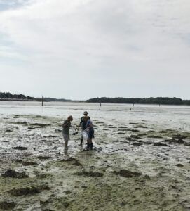 Dr. Corina Ciocan and others taking samples at Chichester Harbour, UK. Dr. Ciocan found alarming levels of fiberglass particles in marine bivalves collected near active boatyards on the south coast of England. (Photo/ Angie Richard)