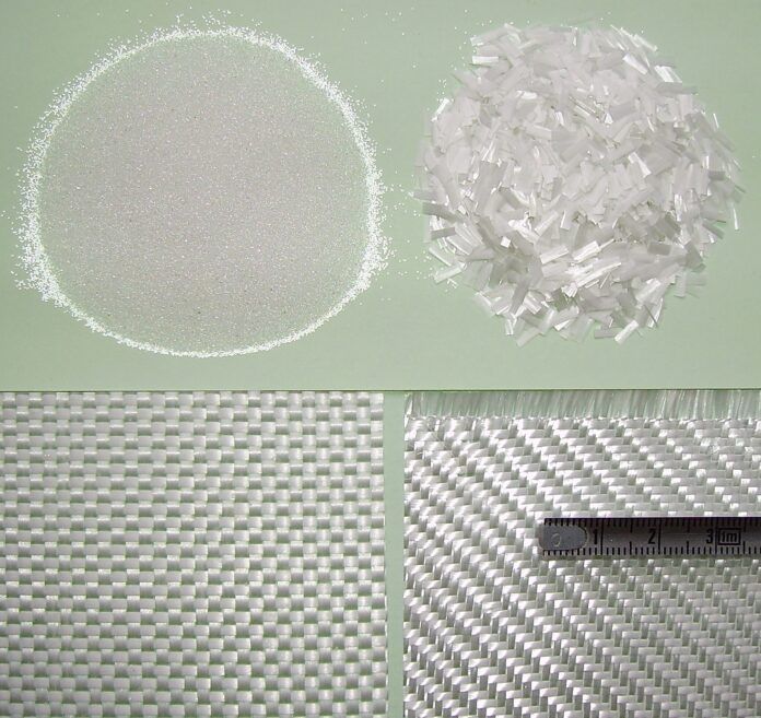 fiberglass Examples of glass filler (microspheres) and glass material (cut fibers and two fabrics) for plastics reinforcement: glass microspheres (or glass beads); diameter: about 300 µm, specific gravity: 2.5. Mineral filler mainly used to increase the stiffness of a thermoset resin and to make road safety markings; 5 mm length chopped strands of fiberglass used to reinforce thermoset resins; fibrous reinforcements for thermoset resins: two glass fabrics with different area density; fiber orientation: 0 and 90° (most common): weave pattern: taffeta (down left, area density: 550 g/m2), and 2x2 twill (down right, area density: 280 g/m2). Credit: WikiCommons/CC BY-SA 3.0