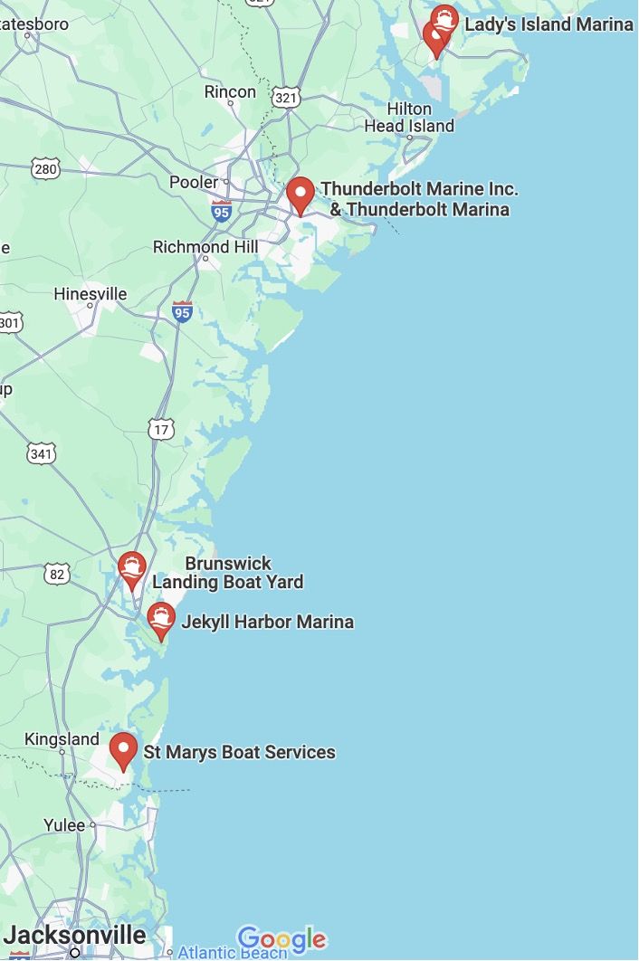 Map of Georgia Coast ICW with St. Mary’s, Brunswick, Thunderbolt, Jekyll Harbor Marina and Lady’s Island Marina.
