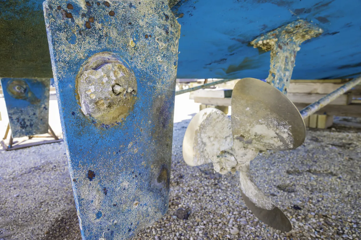 A well worn anode installed on a steel rudder. A prop shaft mounted anode would also be required. (Photo/ Jodi Jacobson/ iStock)