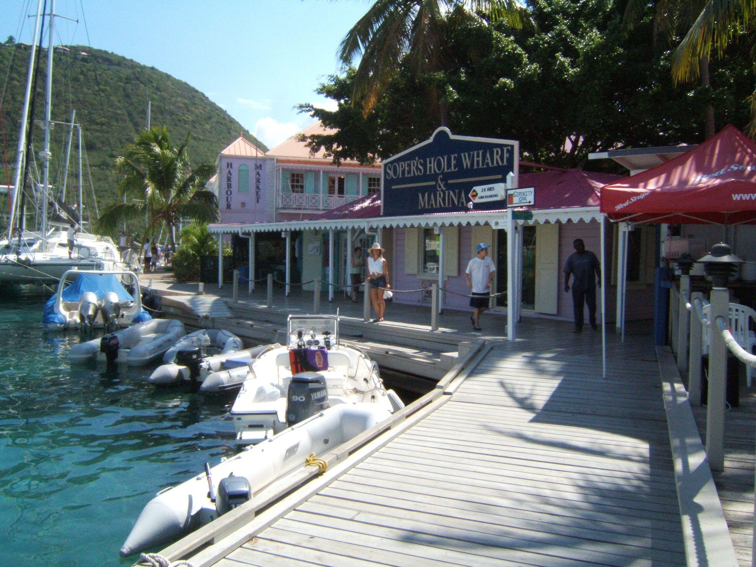Anchored in the bay, a quick tender ride for lunch and a few grocery items at picturesque Soper’s Hole, West End, Tortola, BVIs. (Photo/ Marc Robic)