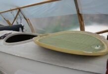 Up-close view of the hatch of an all-GRP boat being made from molds in Bretagne, France. (Photo/ Angie Richard)