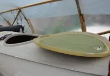 Up-close view of the hatch of an all-GRP boat being made from molds in Bretagne, France. (Photo/ Angie Richard)