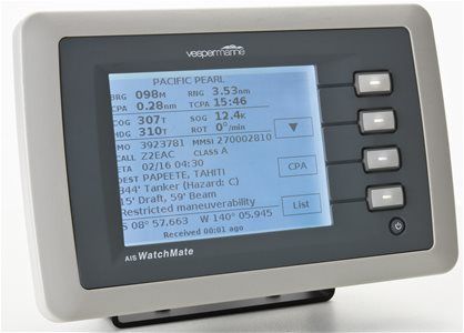 The Vesper Marine Watchmate 850 shows information about ships in your vicinity. Knowing how long you have until you cross paths with a boat is essential information, especially if you are juggling multiple decisions about how to pass through busy shipping lanes. Photo courtesy of Vesper Marine.