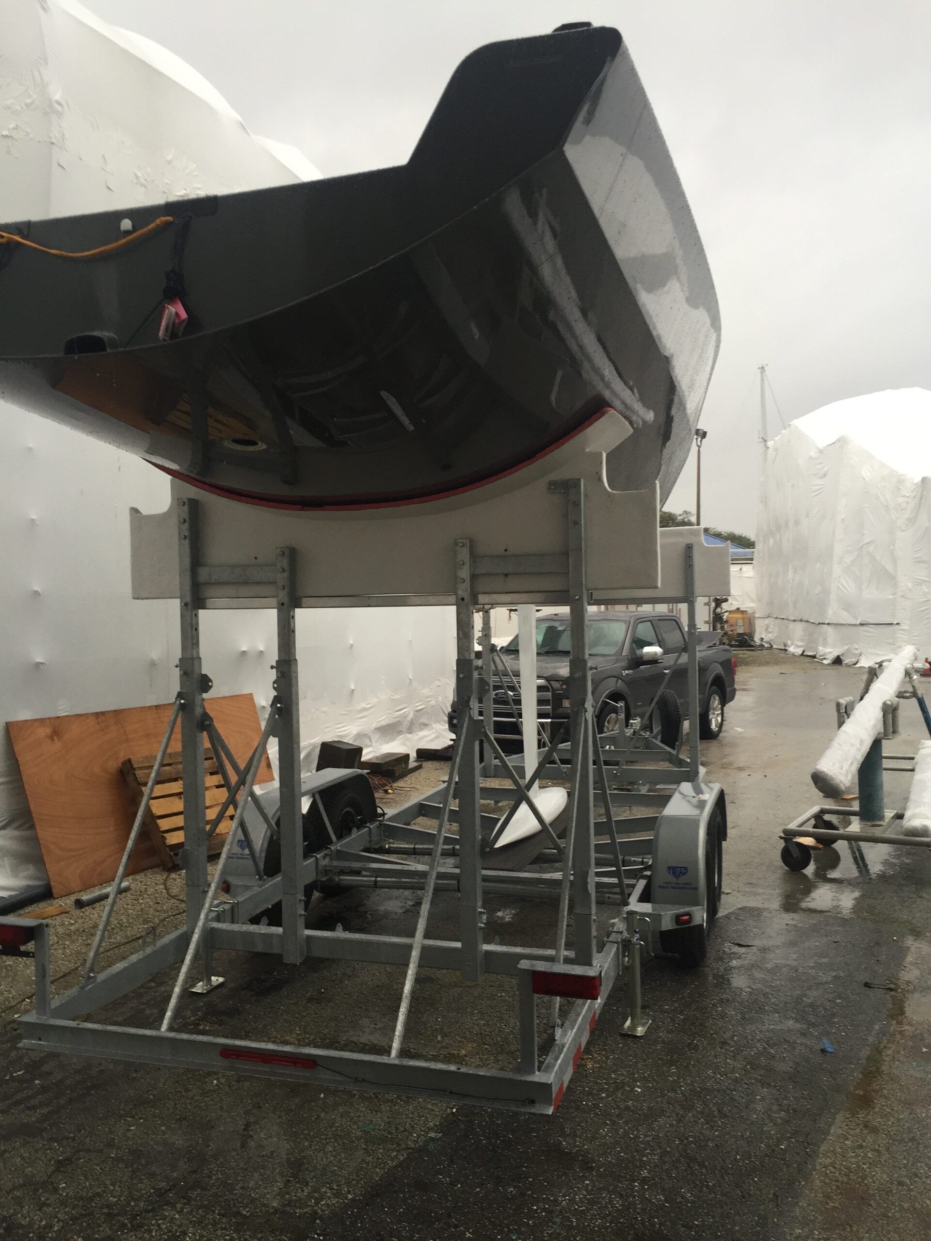 This is a new Farr 280 being assembled for its maiden voyage in in Key West in 2016. At 28 feet, this vessel started to push the size limits for road transport before special permits and professional maritime transit teams are required. (Photo/ Nick Van Antwerp)