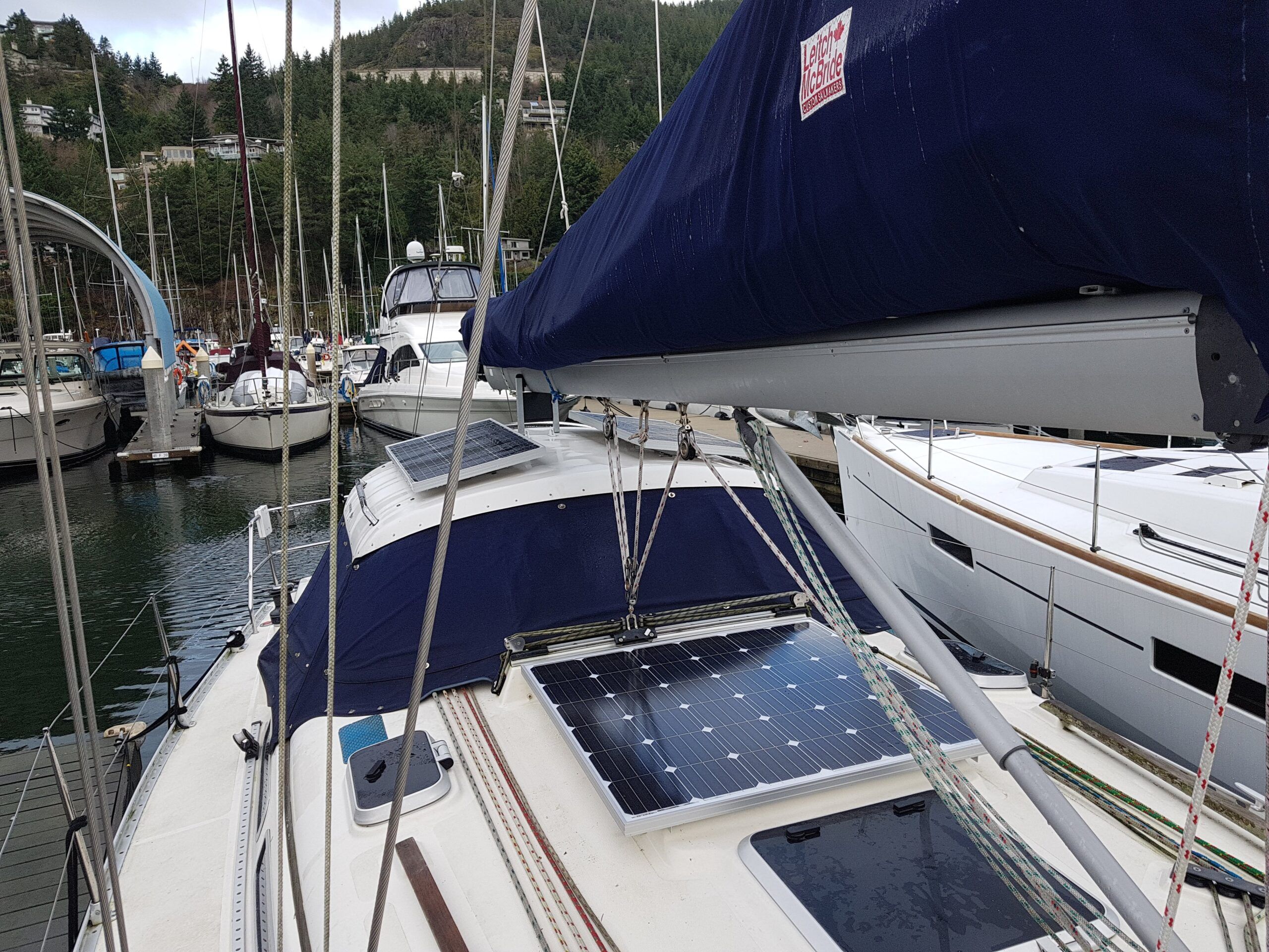A hard dodger with solar panels. This is my own boat, a Hanse 371. The solar allows long cruises without using the motor. (Photo/ Grahame Shannon)