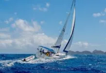 Caribbean Bareboat Chartering Basics: Top Pre-Departure Tips Sailing from Anegada back to Tortola. We were on a catamaran about to overtake this Moorings monohull. (Photo/ Marc Robic)