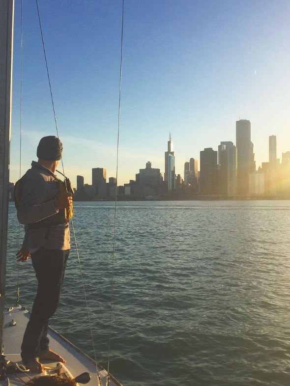 Returning to the harbor looking at the Chicago skyline after an evening sail on a J/22 in the fall. (Photo/ Nick Van Antwerp)