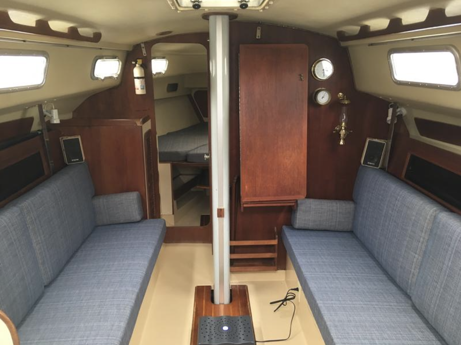 Owners appreciate the roomy interior and the oiled teak adds warmth to the production boat aesthetic. Photo courtesy of Sailboatlistings.com