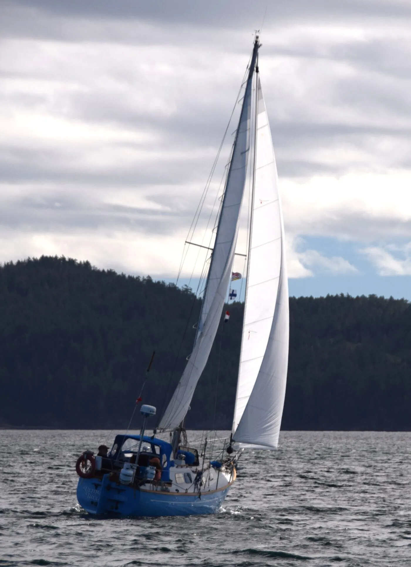 Sailing Plumper Sound between North Pender Island and Saturna Island in the Canadian Gulf Islands. Ultima Thule performing beautifully on a great sailing day in the early fall. (Photo/ Bert Vermeer)