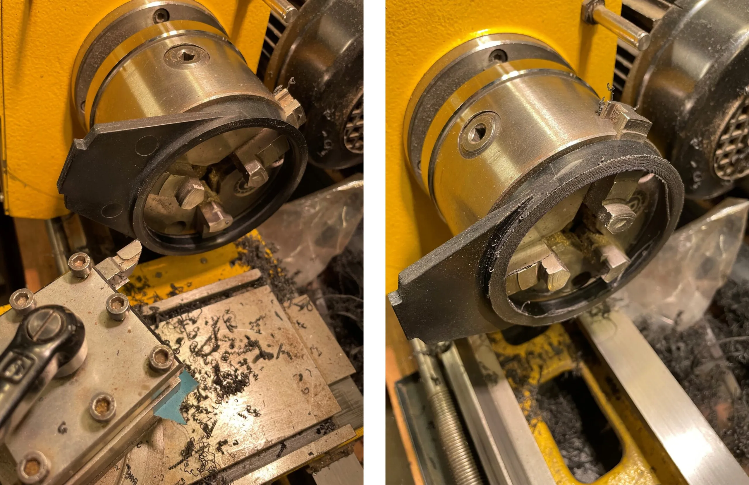 Shaving off the stripper ring so it runs freely in the newly narrowed jaw flange V-groove gap. (Photo/ Tom Egan)