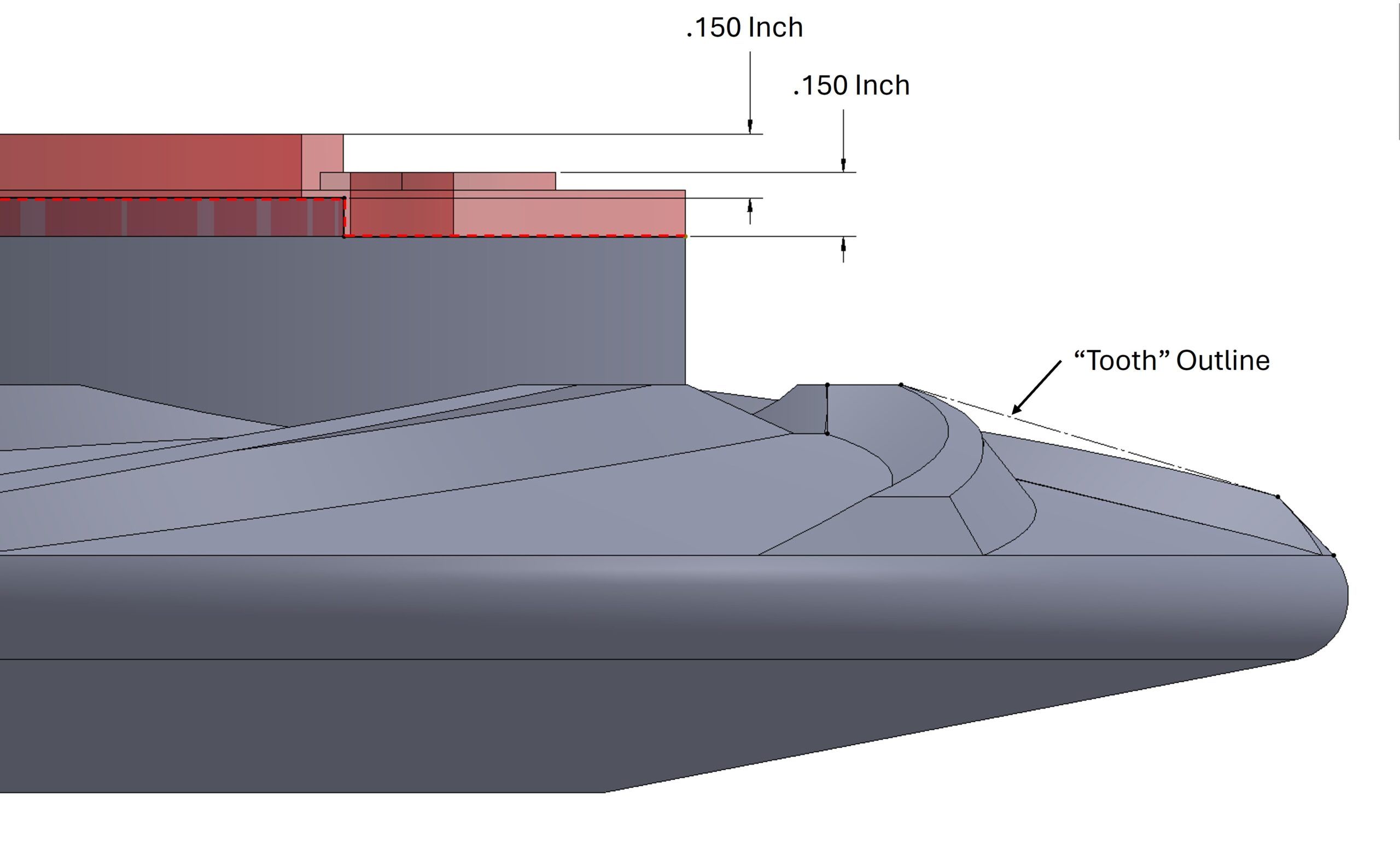 Close up of jaw flange. Red indicated the area that will be removed on the lathe. (Image/ Tom Egan)