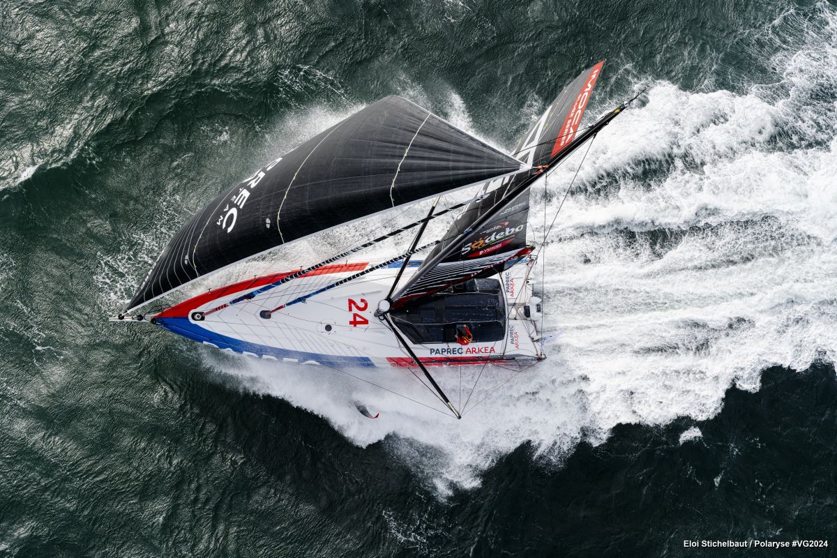 UNKNOWN - APRIL 9, 2024 : Paprec Arkéa skipper Yoann Richomme (FRA) is pictured on April 9, 2024, off unknown, France. (Photo/ Eloi Stichelbaut / Polaryse)