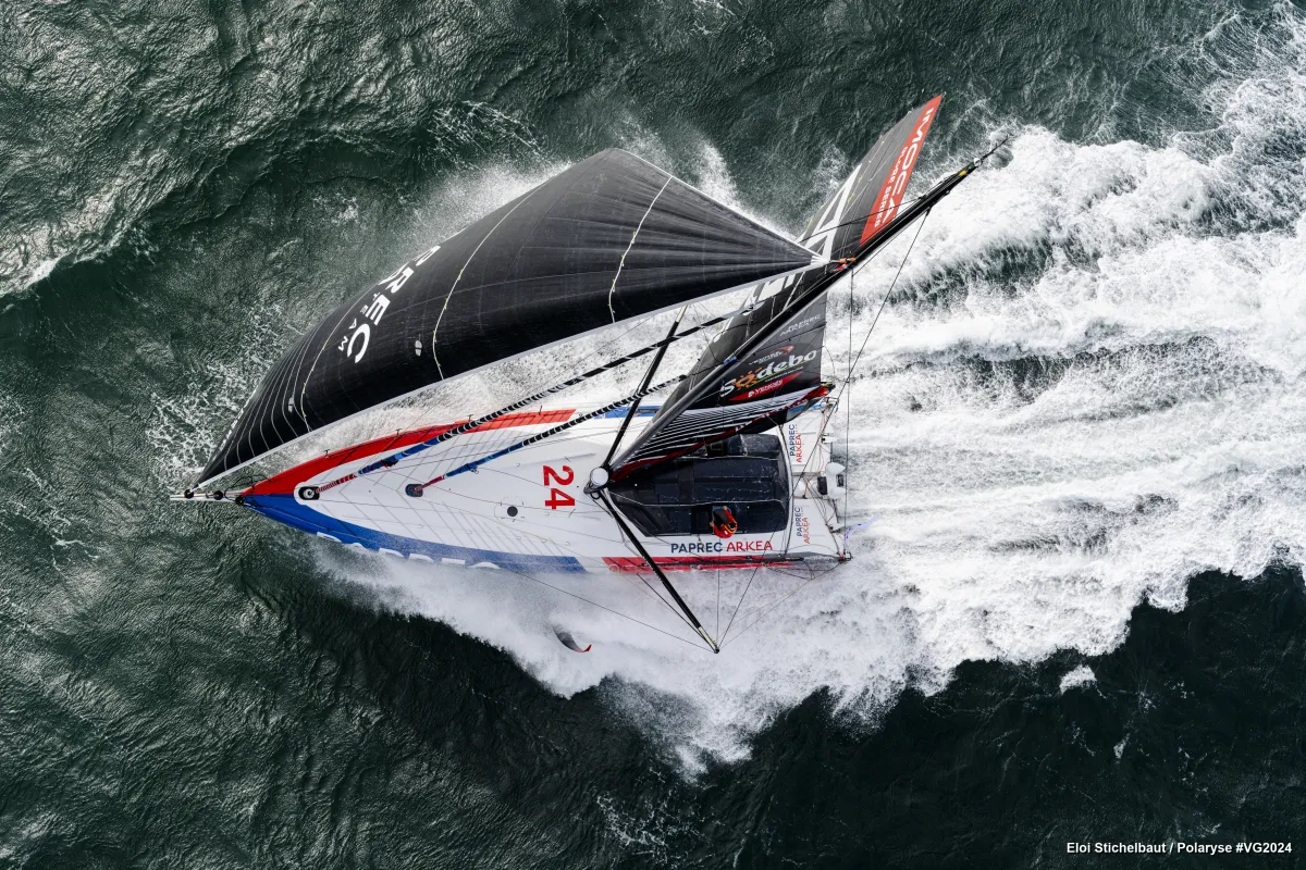 UNKNOWN - APRIL 9, 2024 : Paprec Arkéa skipper Yoann Richomme (FRA) is pictured on April 9, 2024, off unknown, France. (Photo/ Eloi Stichelbaut / Polaryse)