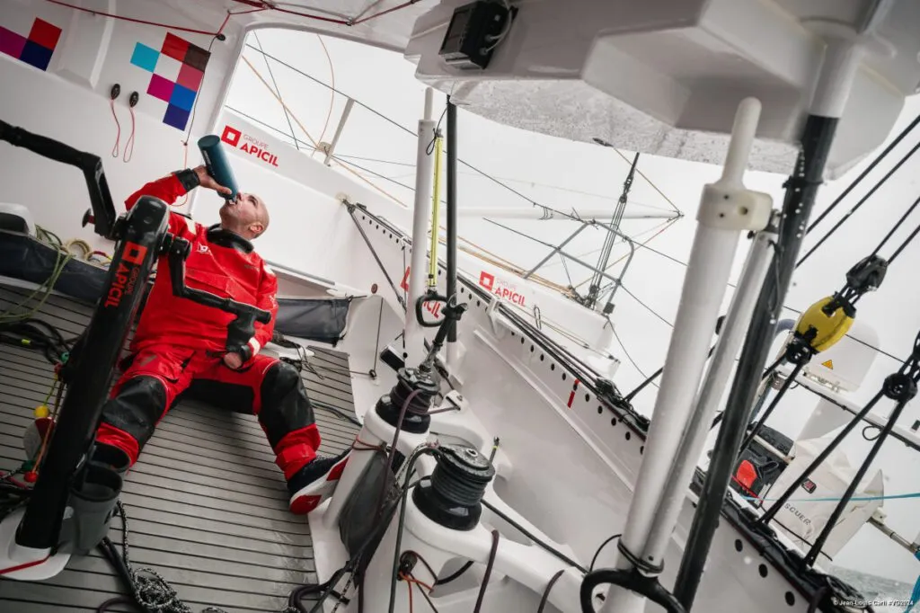 LORIENT, FRANCE - APRIL 15, 2024 : Groupe APICIL skipper Damien Seguin (FRA) is pictured during training, on April 15, 2024 in Lorient, France. (Photo/ Jean-Louis Carli)