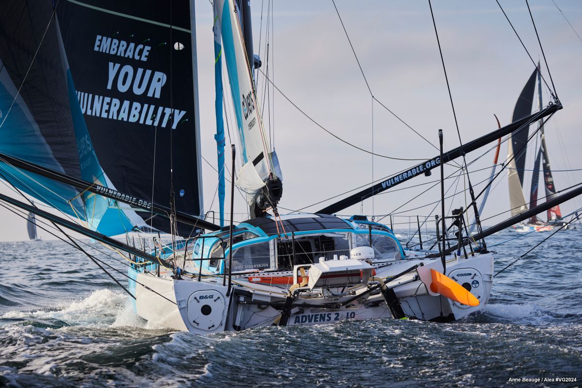 LES SABLES D'OLONNE, FRANCE - NOVEMBER 10, 2024: VULNERABLE skipper Thomas Ruyant (FRA) is photographed during start of the Vendee Globe, on November 10, 2024 in Les Sables d'Olonne, France - (Photo/ Anne Beaugé / Alea)