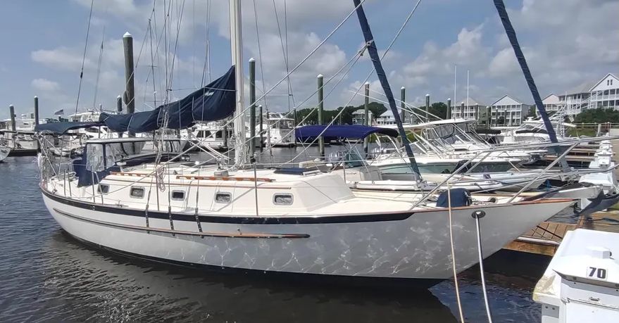 Designer Bill Crealock called his Pacific Seacraft 34 and 37 "Voyagemakers" for a reason. Profile and appurtenances state clearly the design's seagoing intentions. He liked a double-ender because he believed "the stern becomes the bow" in a following sea trying to board the cockpit. Photo courtesy of Yacht World.