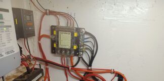 The batteries pictured are Rolls S6 250 flooded cells, nominally 281 a/hr. They came with the boat and are of unknown age but currently seem to work OK. They are not the cell I would pick as they are a lightweight battery. The clue is that the spec sheet gives a CCA number. True deep cycle cells don't have that. The taller L16-EX is rated at three times the cycle life, about 3,750 cycles to 50% DoD compared to these at 2,000. You really do need to look at the full spec to know what you are getting! In Canada these are currently around $320 com-pared to the L16 at $590. The black battery is the starter battery which is a simple H/D car battery that starts the engine and supplies the windlass. (Photo/ Roland Stockham)