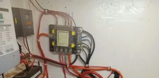 The batteries pictured are Rolls S6 250 flooded cells, nominally 281 a/hr. They came with the boat and are of unknown age but currently seem to work OK. They are not the cell I would pick as they are a lightweight battery. The clue is that the spec sheet gives a CCA number. True deep cycle cells don't have that. The taller L16-EX is rated at three times the cycle life, about 3,750 cycles to 50% DoD compared to these at 2,000. You really do need to look at the full spec to know what you are getting! In Canada these are currently around $320 com-pared to the L16 at $590. The black battery is the starter battery which is a simple H/D car battery that starts the engine and supplies the windlass. (Photo/ Roland Stockham)