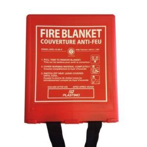 The Plastimo 1m x 1m fiberglass fire blanket in its rigid case. 