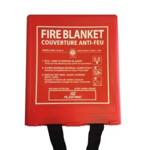 The Plastimo 1m x 1m fiberglass fire blanket in its rigid case. 