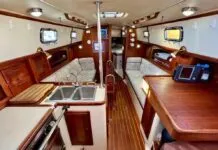 A welcoming sight for social hour, the 34's saloon is both comfortable and welcoming. Photo courtesy of Yacht World.