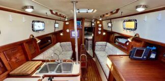 A welcoming sight for social hour, the 34's saloon is both comfortable and welcoming. Photo courtesy of Yacht World.