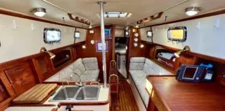 A welcoming sight for social hour, the 34's saloon is both comfortable and welcoming. Photo courtesy of Yacht World.