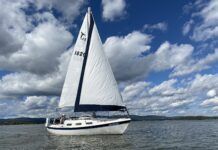 The author’s Tanzer 22 Ardmore sailing in light air on the Haverstraw Bay stretch of the Hudson River. The aged genoa’s wrinkling was due, in part, to a low-cost roller reefing system that was later replaced. (Photo/ Doug Henschen)