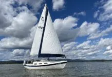 The author’s Tanzer 22 Ardmore sailing in light air on the Haverstraw Bay stretch of the Hudson River. The aged genoa’s wrinkling was due, in part, to a low-cost roller reefing system that was later replaced. (Photo/ Doug Henschen)