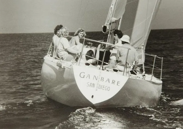 The Doug Peterson designed Ganbare 35 showing off her reverse transom design, popular in the 1970s. (Photo courtesy of RB Sailing)