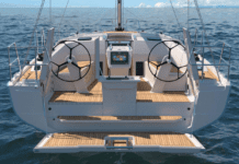 An elegant swim platform is a helpful feature for warmer waters. The Hanse 360's folding swim step automatically lowers and raises. (Photo courtesy of Hanse Yachts)