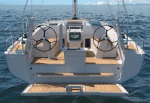 Transom Design Through the Ages An elegant swim platform is a helpful feature for warmer waters. The Hanse 360's folding swim step automatically lowers and raises. (Photo courtesy of Hanse Yachts)