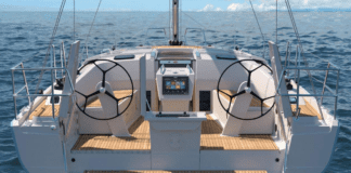 An elegant swim platform is a helpful feature for warmer waters. The Hanse 360's folding swim step automatically lowers and raises. (Photo courtesy of Hanse Yachts)